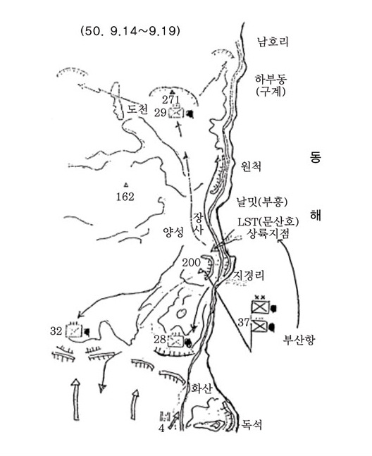 ▲ 장사상륙작전 전투상황도<br /><br />1950년 9월14~19일