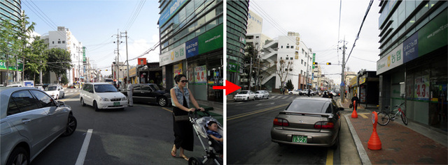 ▲ 지난 2011년 중구 대봉로의 보행환경 개선 전의 모습으로 차와 보행자 등이 서로 얽혀 항상 교통사고의 위험성이 도사리고 있던 모습. 보행자와 차량 운전자에게 안전한 길로 탈바꿈한 모습으로 도시경관 이미지 상승에도 상당한 효과가 있는 것으로 평가받고 있다.<br /><br />
