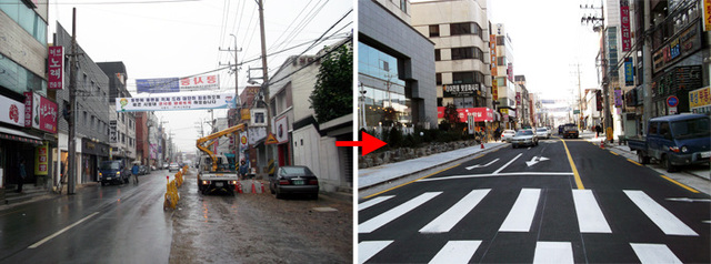 ▲ 주차된 차량으로 인해 보행길이 전혀 없는 등 주민들의 불편이 가중됐던 모습의 달성군 현풍면 현풍지구. 차량과 보행자 모두 편리한 보행환경과 보행자사고에 대한 우려를 대폭적으로 줄일 수 있게 된 현재.