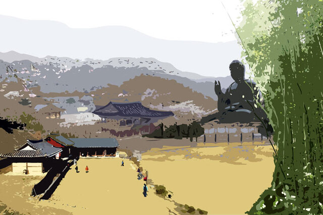 ▲ 이차돈이 순교했을 때 날아간 머리가 떨어졌다는 백률사. 법흥왕 이후 신라는 불교왕국으로 번성했다. 소금강산 울창한 대숲 인근에 지어진 백률사의 모습을 상상과 현실을 결합해 그렸다. <br /><br />삽화/이건욱
