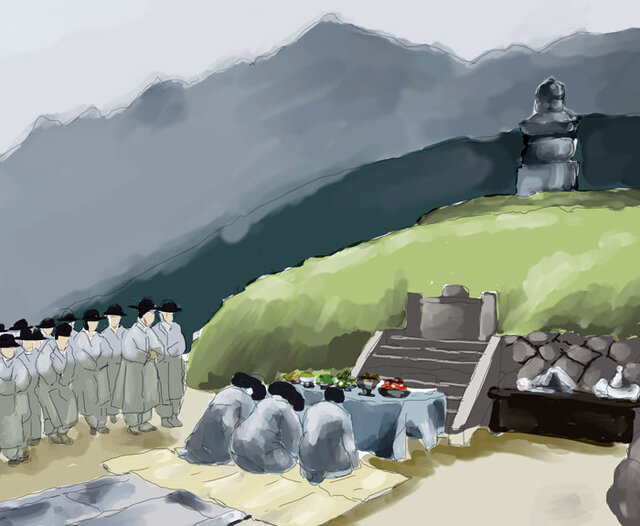 ▲ 527년 이차돈이 순교한 이후 그를 추모하는 이들은 해마다 무덤이 있었던 것으로 전하는 백률사를 찾아 제사를 올렸다. 이 제사는 유교를 국가의 통치이념으로 받아들인 조선 건국 이전까지 이어졌다. 상상력을 통해 그 제사 광경을 그림으로 옮겼다. 삽화/이건욱