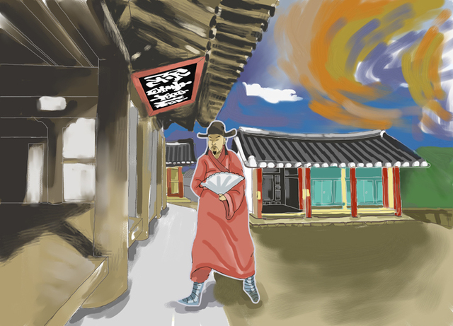 ▲ 두 명의 왕으로부터 편액을 하사받은 임고서원은 포은 정몽주의 위패를 봉안하고 있다. 포은이 살아 돌아와 서원을 산책하는 모습을 상상해보았다. <br /><br />삽화/이찬욱
