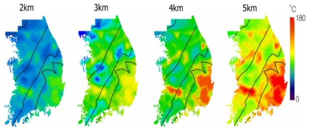 ▲ 포항지역에 지열발전소를 건설하게 된 이유를 보여주는 지열도. 지하로 1㎞ 내려갈수록 25℃씩 온도가 올라가는 국내 평균과 달리 포항 지역은 40℃씩 올라간다.<br /><br />/포항시 제공