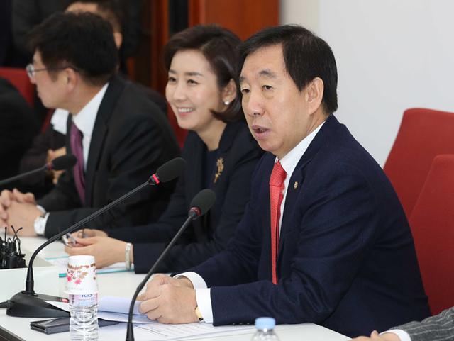 ▲ 자유한국당 김성태(오른쪽) 원내대표가 11일 오전 국회 본청에서 열린 `헌법개정 및 정개특위ㆍ사법개혁특위` 회의에서 발언하고 있다.<br /><br />/연합뉴스