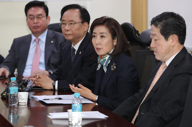 ▲ 자유한국당 나경원(오른쪽) 의원이 22일 국회 의원회관에서 열린 중진의원 간담회에서 “당헌이 존중되고 당이 시스템에 의해 운영돼야 한다”고 밝히고 있다. <br /><br />/연합뉴스