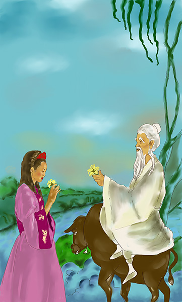 ▲ 암소를 탄 노인이 수로부인에게 꽃을 꺾어 바치는 ‘헌화가(獻花歌)’의 한 장면을 작가의 상상력으로 그렸다.  /삽화 이찬욱