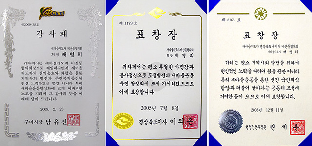 ▲ 배병희 전 비산동 새마을협의회장은 구미시나 경북도 협의회장직을 맡은 적은 없지만, 누구보다 열심히 새마을운동에 전념한 사람이다. 그 공로를 인정받아 받은 감사패와 표창패가 자긍심이라고 배 회장은 말한다. /김락현기자