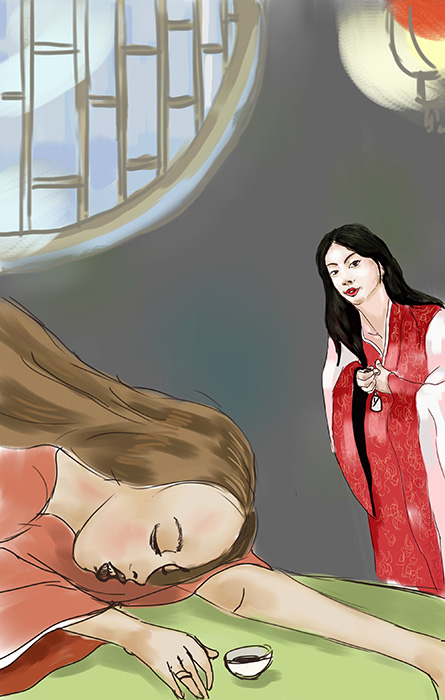 ▲ 여성의 질투는 때때로 끔찍한 비극을 부른다. 준정이 권한 독이 든 술을 마신 남모가 정신을 잃고 쓰러져 있다.