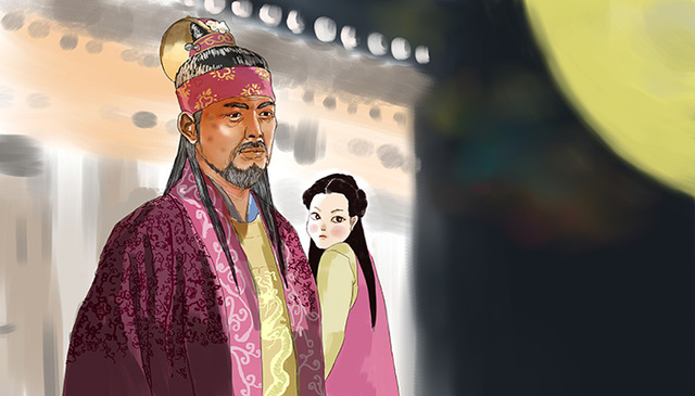 ▲ 소지왕은 일흔 가까운 나이에 열여섯 살 소녀 벽화와 사랑에 빠진다. 견딜 수 없는 연애 감정에 고민하는 소지왕의 표정이 심각하다.  /삽화 이찬욱