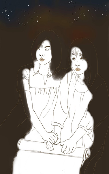 ▲ 신라에선 ‘꿈’과 ‘별자리’로 미래를 점치기도 했다. 진지하게 꿈 이야기를 나누는 문희와 보희 자매를 몽환적으로 그렸다.   /삽화 이찬욱