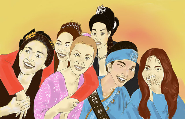 ▲ 사람들에게 비교적 잘 알려진 신라의 여성들. 선덕여왕, 진덕여왕, 진성여왕, 미실, 준정·남모를 작가의 상상력을 동원해 같은 자리에 모았다. 그녀들의 환한 웃음이 의미심장하다.  /삽화 이찬욱