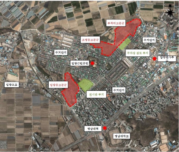 경산시가 종합정비계획을 세우고 있는 사적 제516호 임당동과 조영동 고분군의 위치도.　