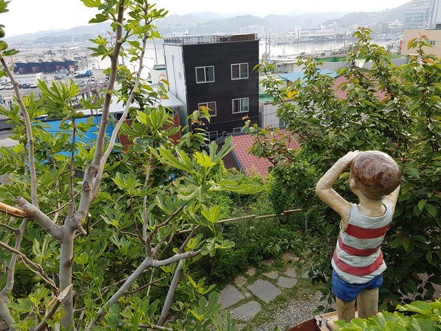 승천하지 못한 한 마리의 용을 스토리텔링한 용이 소년이 '해터 바다마루'에서 먼 바다를 바라보고 있다.