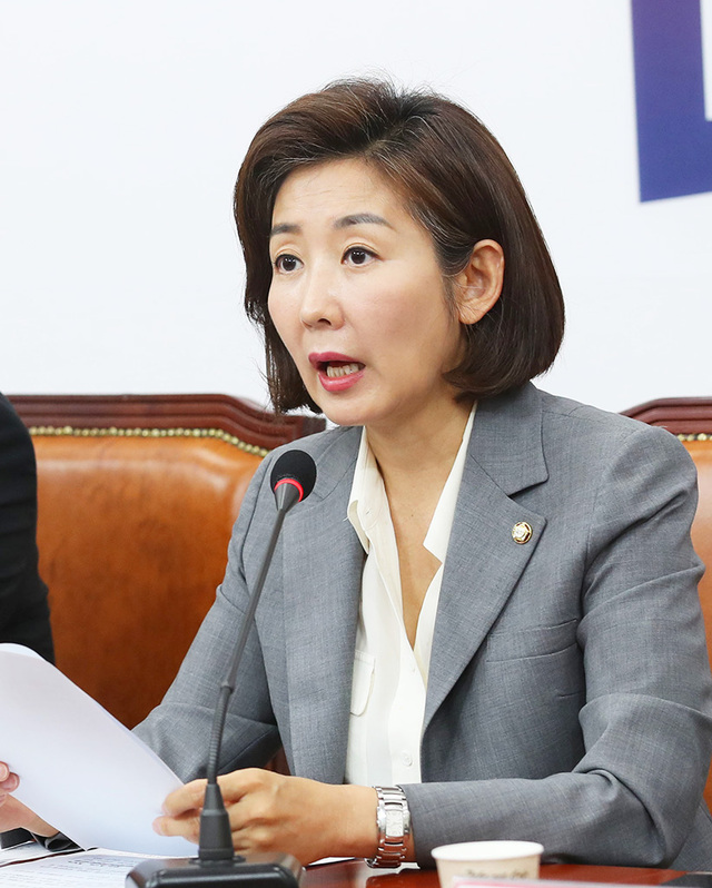 자유한국당 나경원 원내대표가 22일 원내대표·중진의원 회의서 발언하고 있다. /연합뉴스