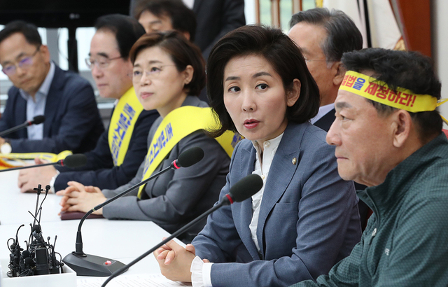 자유한국당 나경원(오른쪽 두번째) 원내대표가 3일 오후 국회 원내대표회의실에서 포항지진 범시민대책위원들을 접견하고 있다.    /연합뉴스