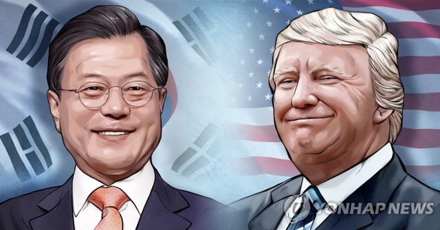 문재인 대통령 - 미국 트럼프 대통령. 일러스트.