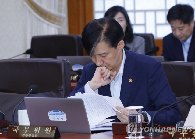 조국 법무부 장관이 8일 오전 청와대에서 열린 국무회의에서 자료를 살펴보고 있다.