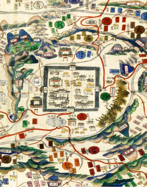 남원관부도(南原官府圖). 1699년(숙종 25)에 간행된‘용성지(龍城誌)’의 범례 뒤에 실려 있는 남원부의 지도이다. 한때 남원부가 양찬규의 옥사로 인해 일신현으로 강등된 적이 있었다.