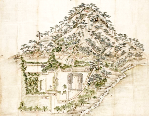 옥호정도(玉壺亭圖).옥호정은 서울 삼청동에 있던 김조순(金祖淳)의 제택이라고 알려졌으나 지금은 터만 있다. 김조순은 이곳에서 이봉환의 아들인 이명오(李明五) 등과 같이 선비들의 예원(藝苑)집단인 백련사(白蓮社)를 경영하며 문인들과 교유했다. 옥호정도는 백련사의 보금자리가 어떠했는지를 알려주는 풍경화이다.