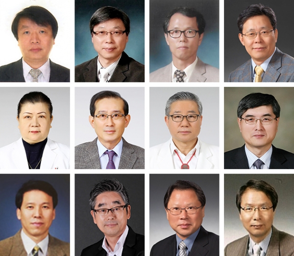 31일 퇴임하는 영남대 교원들(위 왼쪽부터 한관희, 조무환, 정우식, 이동주 교수, 가운데 왼쪽부터 최원희, 하정상, 김성규, 김경동 교수, 아래 왼쪽부터 조윤래, 최문진, 박인수, 김동호 교수).