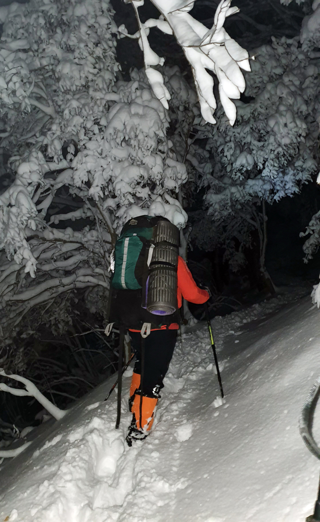 시산제 제물을 지고 12월31일 밤 산행을 하고 있는 울릉산악회원들