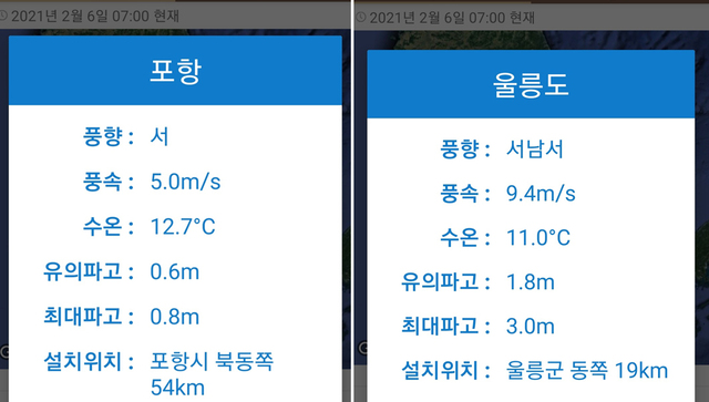 6일 오전 7시 기상청 부이파고 포항 0.8m, 울릉도 3.0m이다