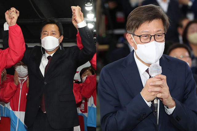 7일 치러진 서울시장 보궐선거에서 국민의힘 오세훈 후보(왼쪽)가 59%를 얻어 더불어민주당 박영선 후보(37.7%)에 승리할 것이라는 출구조사 결과가 나왔다. 부산시장 보선에서도 국민의힘 박형준 후보(오른쪽)가 64%를 득표해 민주당 김영춘 후보(33%)를 크게 앞설 것으로 예측됐다.  /연합뉴스