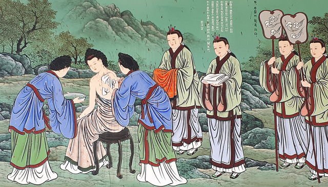 선덕여왕이 천곡령 약수로 목욕 후 몸 닦는 모습이 그려진 천곡사 벽화. /향토사학자 황인 씨 제공