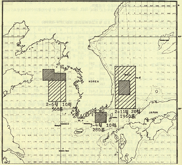 1974년 어장별 포획 실적(포경어업협동조합 서류), ‘한국포경사’ 448쪽.