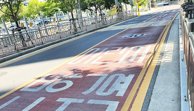 초등학교 앞에 설치된 어린이보호구역과 표지판.
