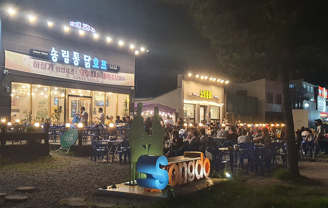 지난 29일 오후 10시쯤 송도해수욕장 호프집을 찾은 피서객들이 생맥주를 마시며 즐거운 시간을 보내고 있다.  /김주형 기자
