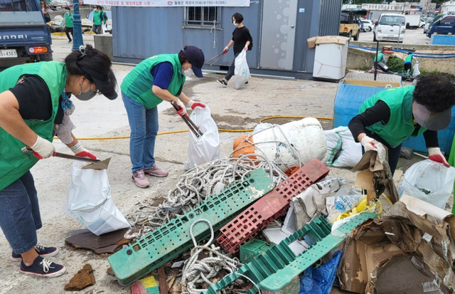 울릉도 저동항 주변을 청소하는 울릉새마을 부녀회원들 /김두한 기자