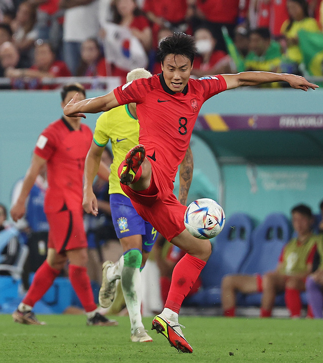 6일 오전(한국시간) 카타르 도하 974 스타디움에서 열린 2022 카타르 월드컵 16강전 한국과 브라질 경기. 백승호가 상대 공을 따내고 있다.  /연합뉴스