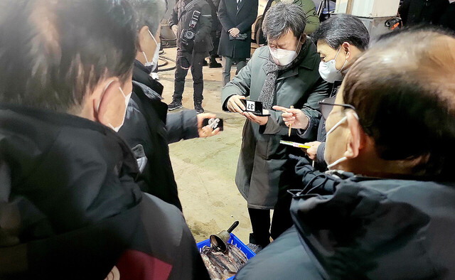남한권 울릉군수가 초매식에서 경매사로 나서 오징어 경매를 하고 있다 /김두한 기자