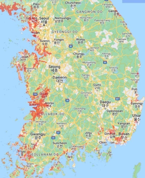 ‘20년 뒤 잠기게 되는 우리나라’ 지도.