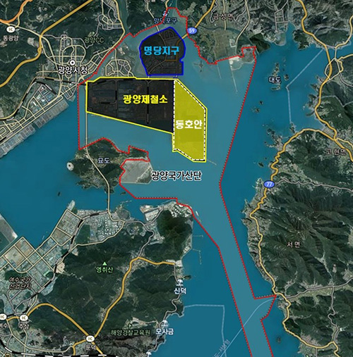 광양국가산업단지에 위치한 동호안(東護岸). 포스코그룹은 동호안을 활용해 이차전지소재 및 수소 등 에너지사업 추진을 검토하고 있다.  /포스코 제공