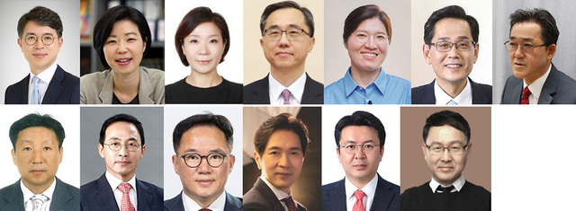 사진 윗줄 왼쪽부터 김완섭 기획재정부 제2차관, 조성경 과학기술정보통신부 제1차관, 오영주 외교부 제2차관, 문승현 통일부 차관, 장미란 문화체육관광부 제2차관, 한훈 농림축산식품부 차관, 임상준 환경부 차관. 아랫줄 왼쪽부터 이성희 고용노동부 차관, 김오진 국토교통부 제1차관, 백원국 국토교통부 제2차관, 박성훈 해양수산부 차관, 오기웅 중소벤처기업부 차관, 김채환 국가공무원인재개발원 원장 내정자.