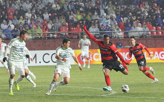 20일 경북 포항스틸야드에서 열린 2023-2024 아시아축구연맹(AFC) 챔피언스리그(ACL) 16강 포항 스틸러스 대 전북 현대모터스 2차전에서 포항 조르지가 슛을 시도하고 있다. /연합뉴스