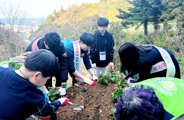 화단조성을 하고 있는 학생들. /울릉경찰서제공