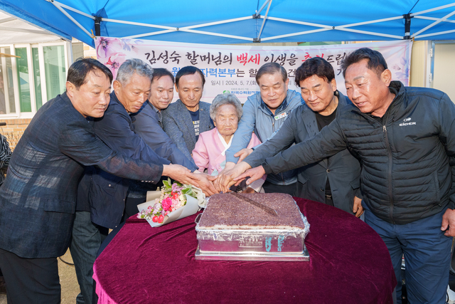 월성원전 직원들이 양남면 석촌리 장수마을 잔치에서 축하 떡케익을 절단하고 있다. /월성원전제공