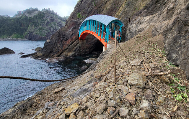 낙석으로 진입로가 막힌 해안지질공원 산책로./김두한기자 