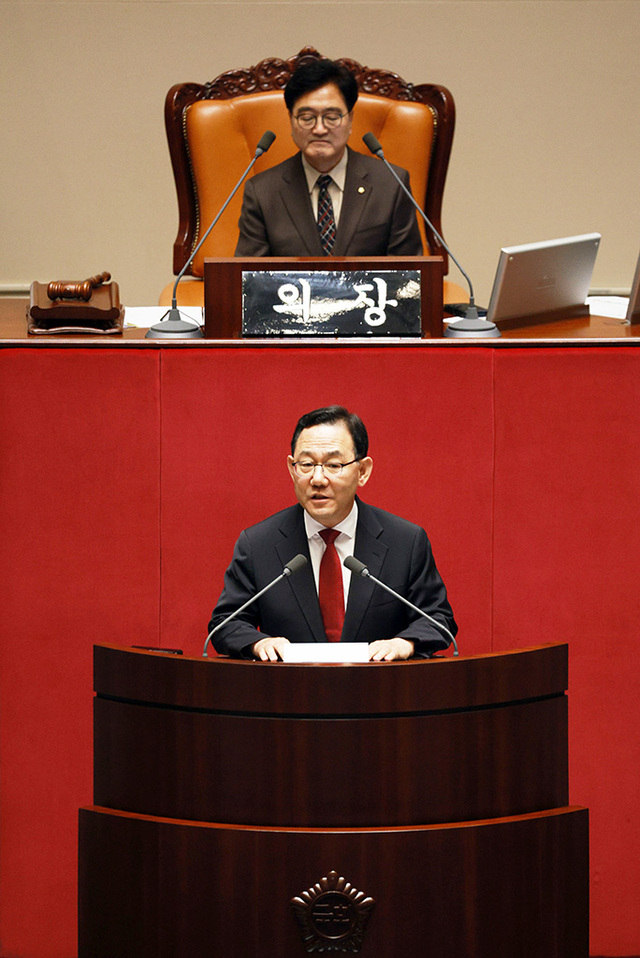 27일 국회 본회의에서 국회부의장으로 선출된 국민의힘 주호영 의원이 당선인사를 하고 있다. /연합뉴스