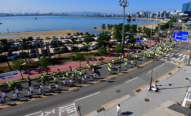 10km에 출전한 수천 명의 마라토너가 해안도로를 달리고 있다.