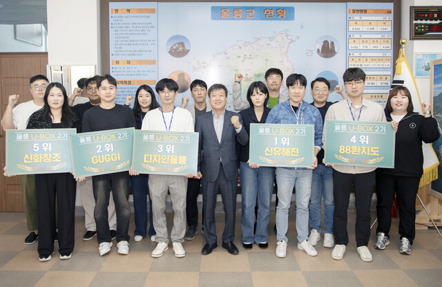 정책 발표 수상자들이 남한권 군수와 기념사진을 찍고 있다./ 울릉군 제공
