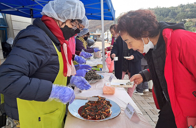 울릉(사동)항 터미널에서 개최된 물엉겅퀴 시식회에 관광객들이 관심을 보이고 있다./울릉군
