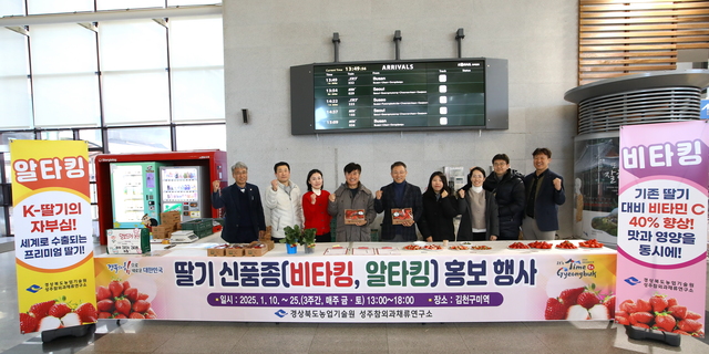 지난 10일 KTX김천·구미역에서 열린 경북도 육성 딸기 신품종 ‘비타킹’, ‘알타킹’ 홍보 행사 참석자들이 기념사진을 찍고 있다. /경북도 제공