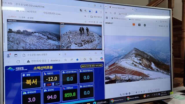 소백산국립공원북부사무소 죽령분소에서 cctv를 통해 등반객들의 동향을 모니터링하고 있다.   /김세동기자