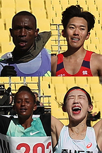 사진 위 왼쪽부터 시계 방향으로 엘리트 풀코스 남자부 1위 게브리엘 제럴드 게이(탄자니아) 선수, 국내 남자부 1위 박민호(코오롱) 선수, 국내 여자부 1위 최정윤(충남도청) 선수, 여자부 1위 메세레 베레토 토라(에티오피아) 선수가 각각 결승선을 통과하고 있는 모습. /연합뉴스