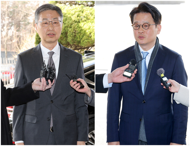 헌법재판소가 최재해 감사원장과 이창수 서울중앙지검장에 대한 국회의 탄핵소추를 기각한 13일 오전 최 감사원장(왼쪽)이 종로구 감사원으로, 같은 날 오후 이 중앙지검장이 서초구 서울중앙지검으로 각각 출근을 하며 입장을 말하고 있다.  /연합뉴스