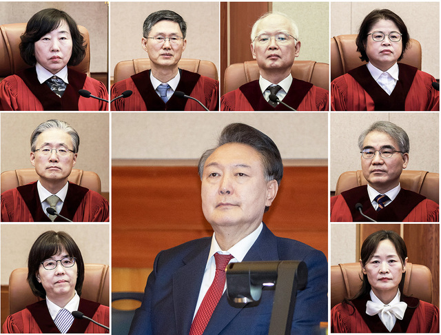 헌법재판소는 4일 오전 11시 서울 종로구 헌법재판소에서 윤석열 대통령 탄핵심판을 선고한다. 윤 대통령을 파면하거나 직무에 복귀시키는 헌재 결정의 효력은 재판장이 주문을 읽는 즉시 발생한다. 사진 윗줄 왼쪽부터 시계방향으로 헌법재판소 대심판정에 앉은 정계선, 문형배, 정형식, 김복형, 조한창, 정정미 헌법재판관, 윤 대통령, 이미선, 김형두 헌법재판관.  /사진공동취재단